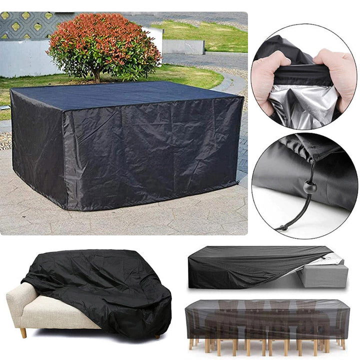 Abdeckung auf einer Terrasse, daneben Detailansichten von Innenbeschichtung und Zugband sowie Beispiele über Sofa und Tischgruppe. 7