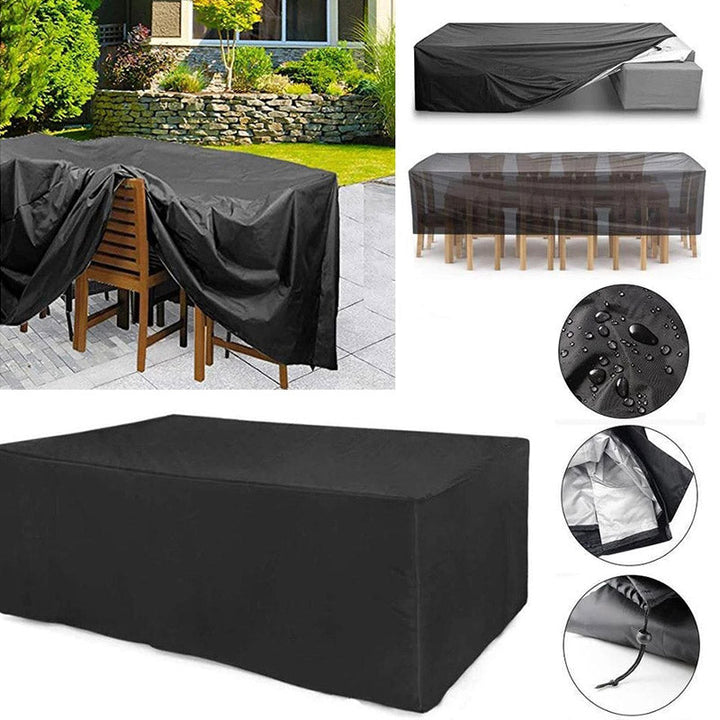 Collage mit der Abdeckung über Holzstühlen und Tisch, dazu Detailkreise zu Wassertropfen, Innenbeschichtung und Zugband. 9
