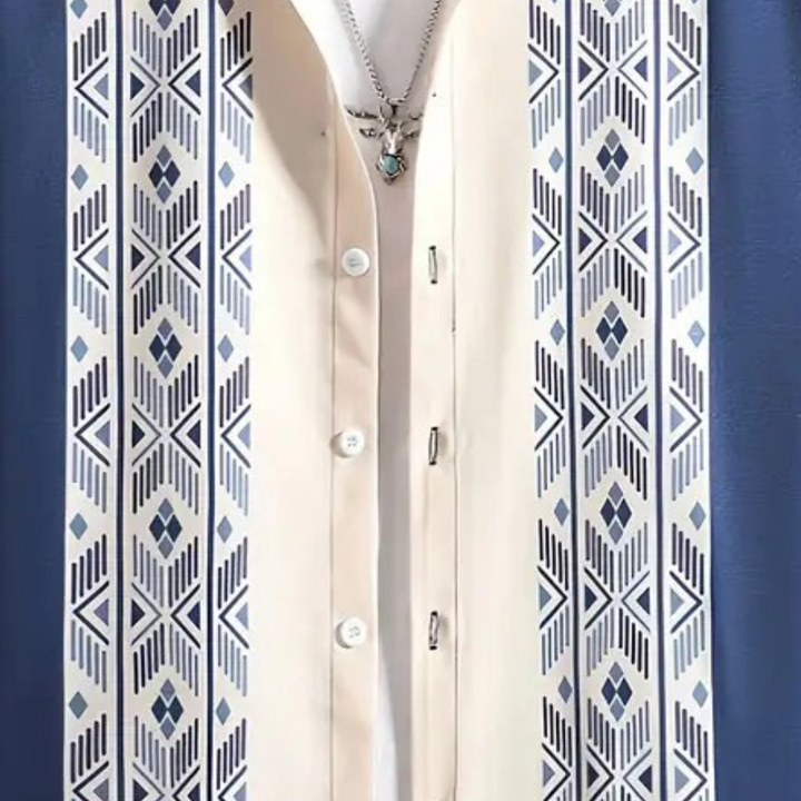 Herrenhemd mit geometrischem Muster, beige und blau, Baumwolle, Knopfleiste, modisch.