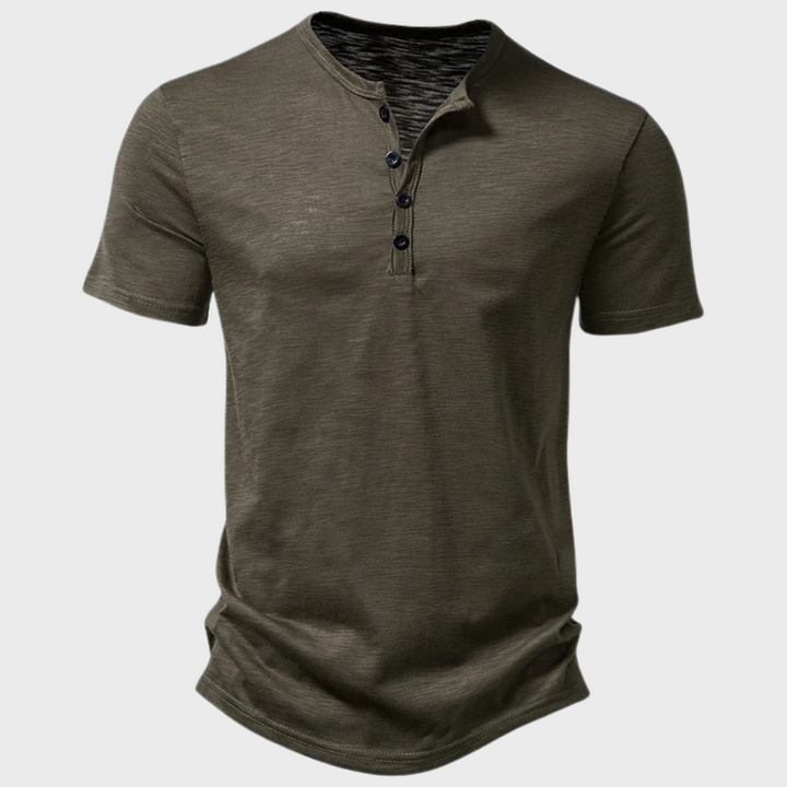 Armeegrünes Herren-Henley-Shirt, kurzärmelig, Baumwolle, Knopfleiste, lässig.
