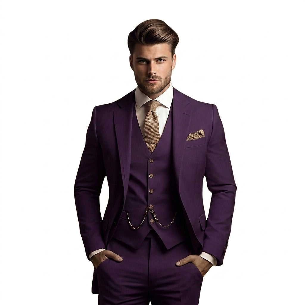 Model im violetten Dreiteiler mit Weste und Uhrenkette, getragen mit goldbrauner Krawatte und Einstecktuch. 6