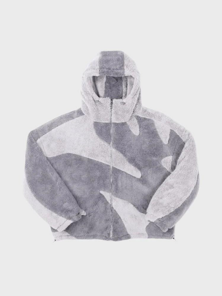 Dieselbe Kapuzenjacke in hellem und mittlerem Grau mit Segmentmuster, Frontansicht mit geschlossenem Reißverschluss und Kordelzug an der Kapuze. 2