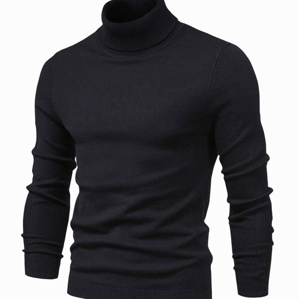 Rollkragenpullover in Schwarz, schräge Vorderansicht, mit Rippenkragen, gerippten Ärmelbündchen und schmaler Passform 2