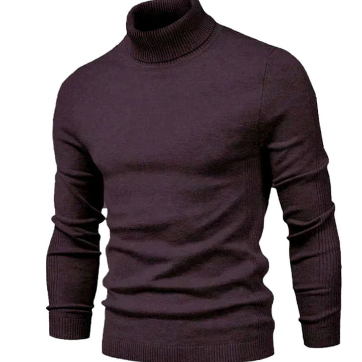 Rollkragenpullover in dunklem Aubergine-Braun, schräge Vorderansicht, mit Rippenkragen und gerippten Bündchen 4