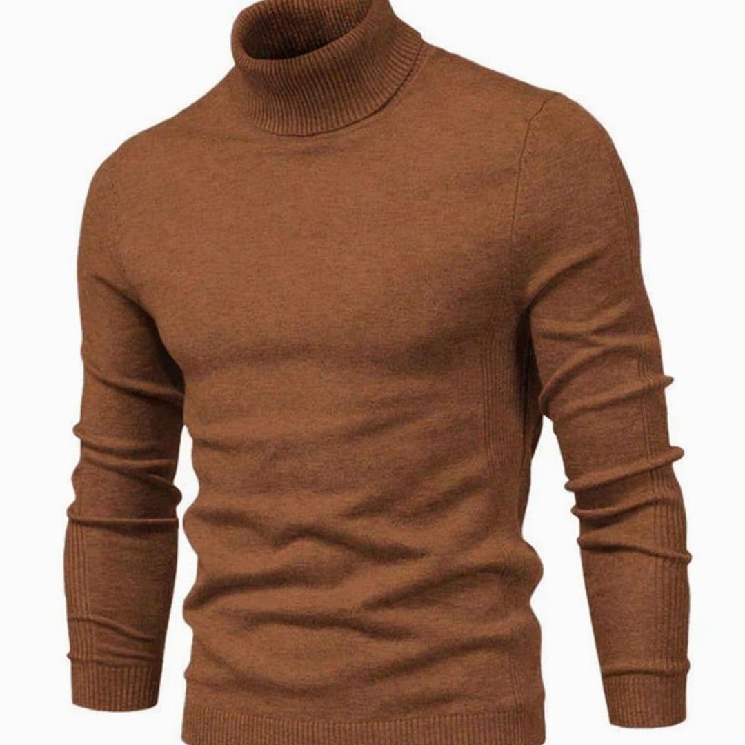 Rollkragenpullover in warmem Braun, schräge Vorderansicht, mit Rippenkragen, Rippensaum und langen Ärmeln 8