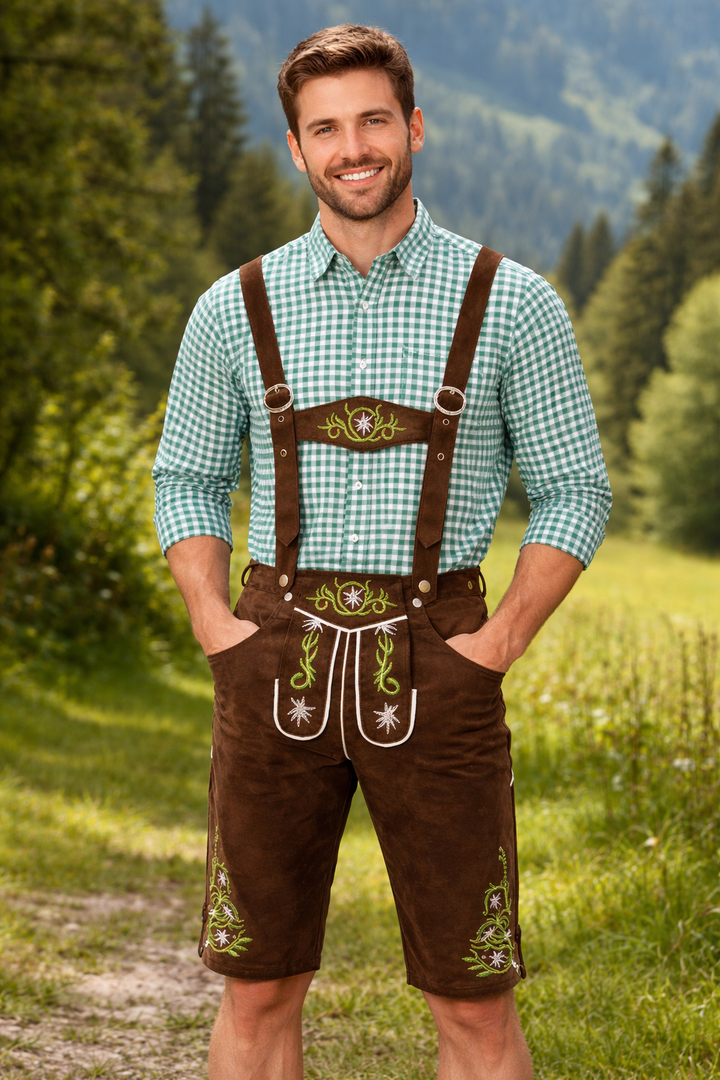 Derselbe Mann in brauner Lederhose mit grüner Stickerei und Hemd, im Freien auf einer sonnigen Almwiese vor bewaldetem Hang. 2