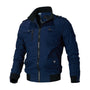 Dunkelblaues Herren-Bomberjacke, Reißverschluss, Taschen, modisch, Baumwolle, Herbstmode.