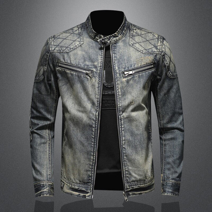 Herren-Jeansjacke, blau, Reißverschlüsse, Stehkragen, modisch, lässig, Denimjacke.