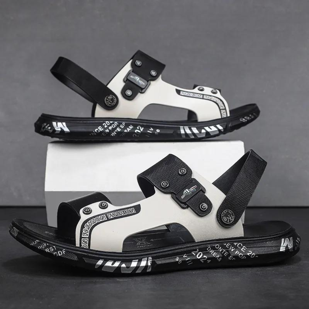 Schwarze und weiße Sandalen, Herren, sportlich, rutschfest, verstellbar, modisch.