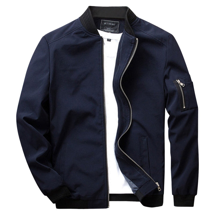 Dunkelblaue Herren-Sommerjacke, Reißverschluss, Bomberstil, modisch, leicht, Baumwolle.