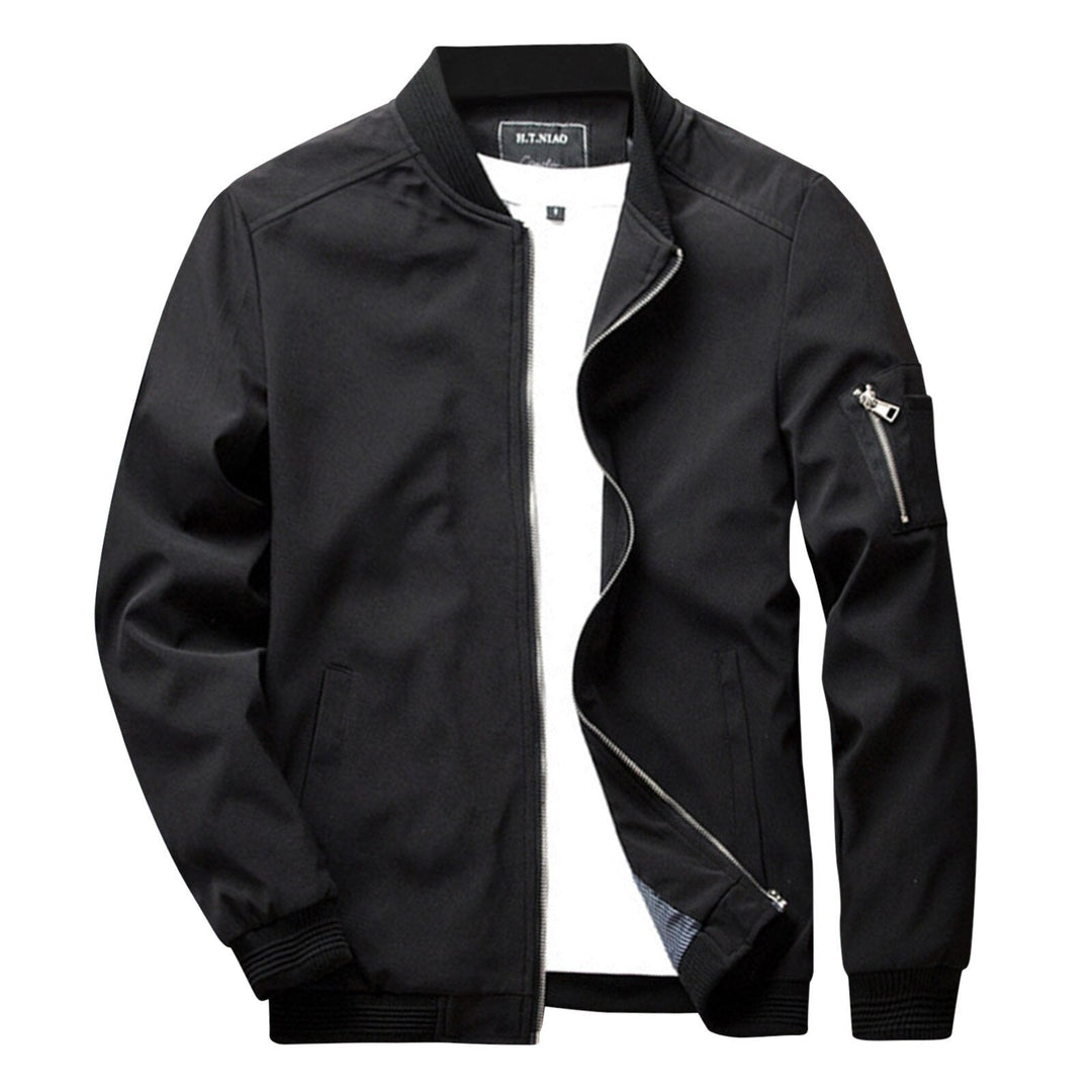 Schwarze Herren-Sommerjacke, Reißverschluss, Bomberstil, leicht, modisch, Freizeitkleidung.