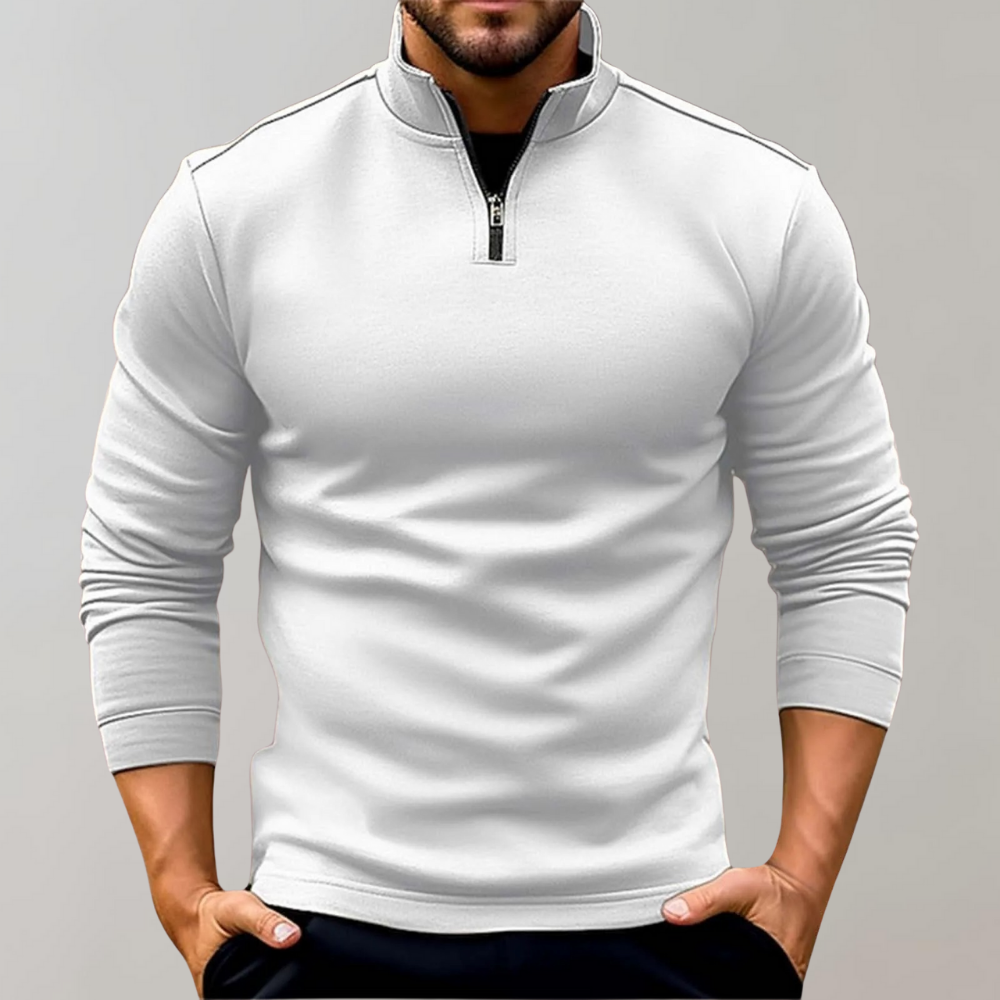 Weißer Herrenpullover mit Reißverschluss, Langarm, sportlich, bequem, modisch.