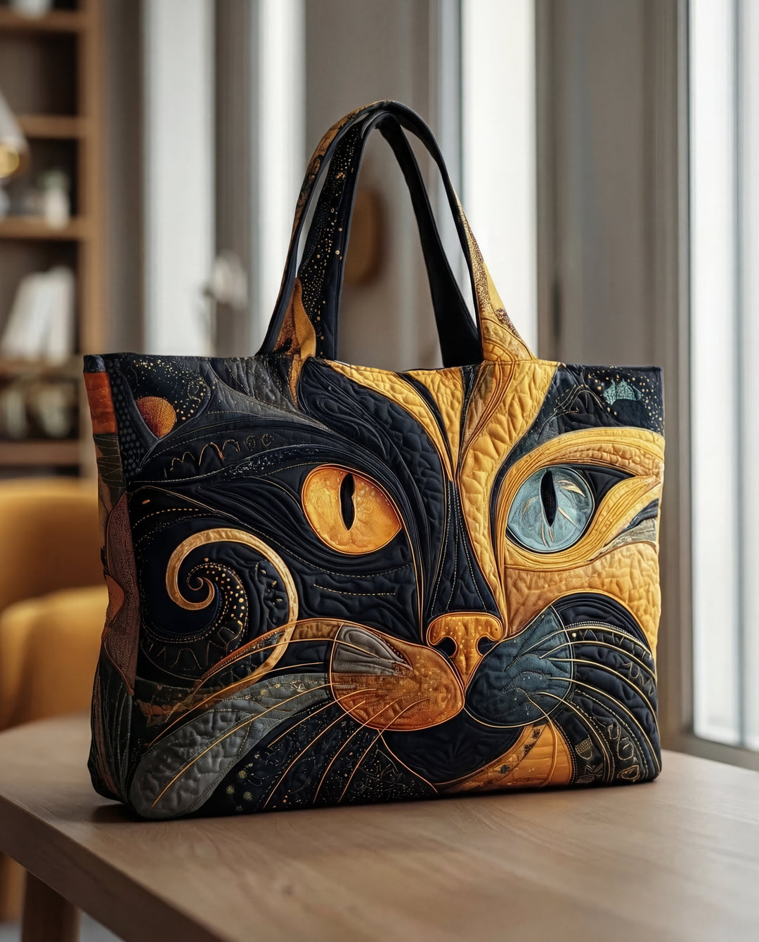 Gesteppte Tragetasche mit zwei Henkeln und großem Katzengesicht in Schwarz und Gelb, mit einem orangen und einem blauen Auge, auf einem Holztisch. 1