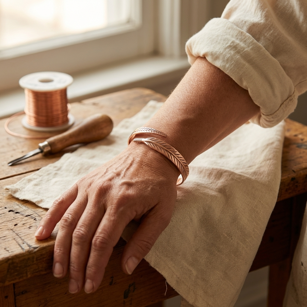Handgelenk mit dem Kupfer-Armband mit Federgravur, getragen am Tisch, daneben eine Drahtspule und ein Werkzeug auf Leinen. 2