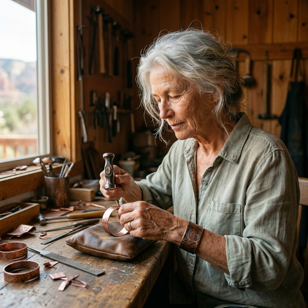 Handwerkerin mit grauem Haar hämmert in ihrer Werkstatt ein Kupfer-Armband auf einem Lederkissen, umgeben von Werkzeug und fertigen Armreifen. 5
