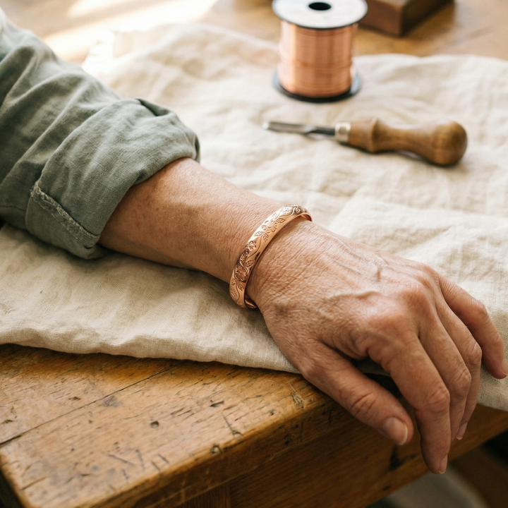 Am Handgelenk getragen: das gravierte Kupferarmband, daneben auf dem Holztisch eine Drahtspule und ein Stichel 2