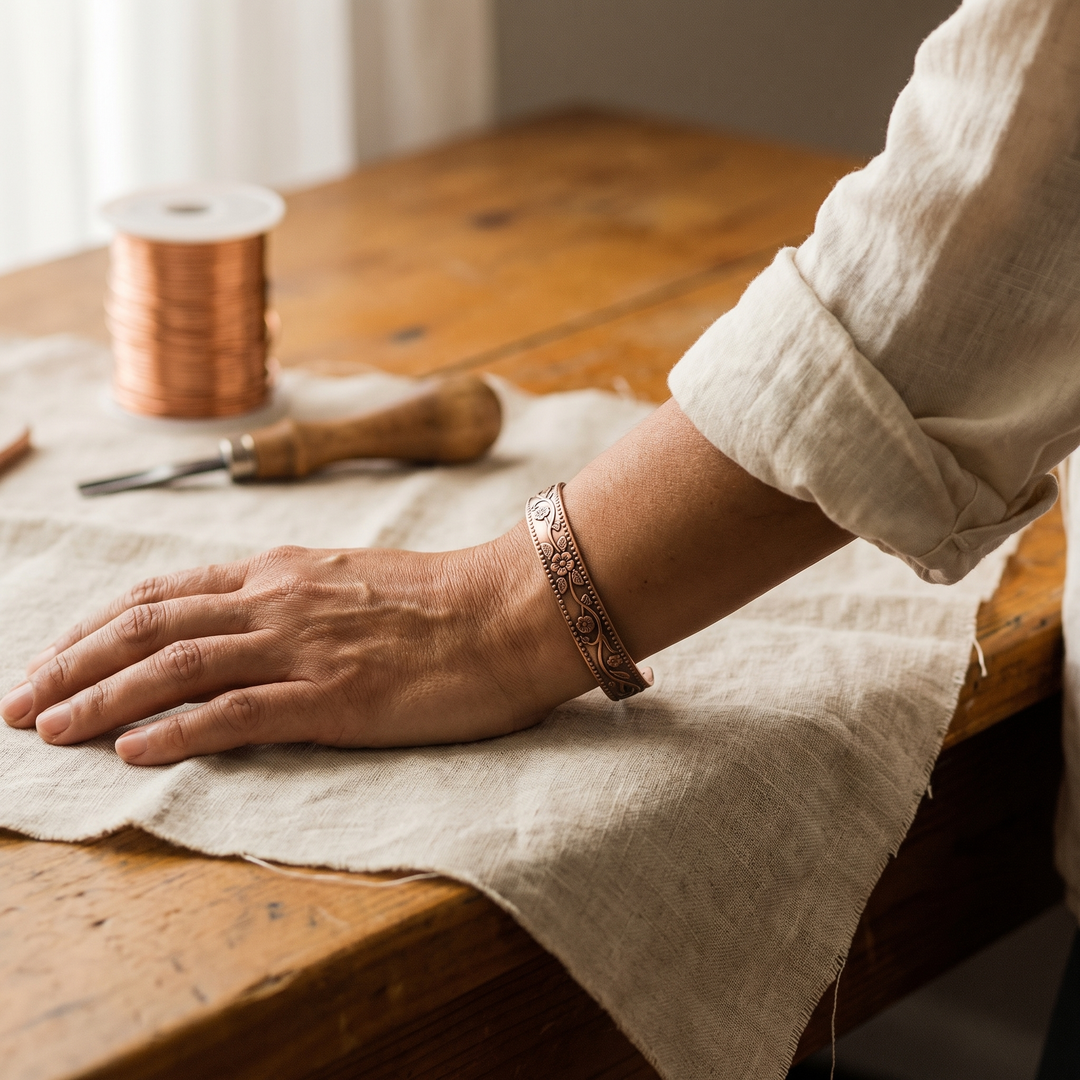 Getragenes Armband am Handgelenk einer Frau, die die Hand auf eine Leinendecke legt 2