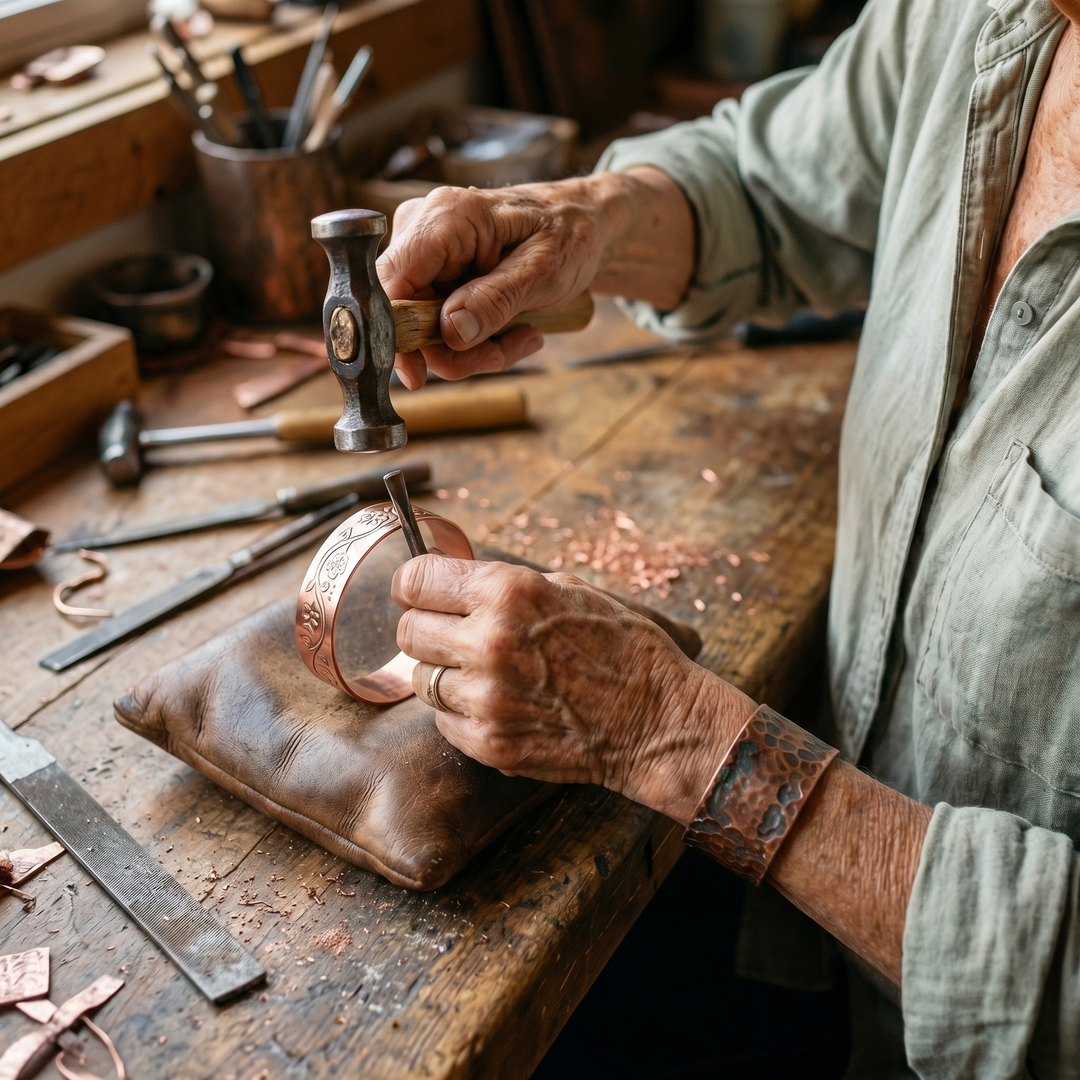 Handwerker graviert mit Hammer und Meißel ein Blumenmuster in ein Kupferarmband auf einer Werkbank 4