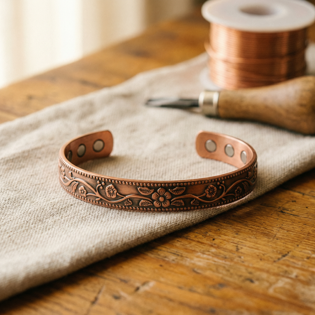 Offenes Armband aus Kupfer mit Blumenranken und Perlenrand auf Leinen, innen kleine Magnete sichtbar 1