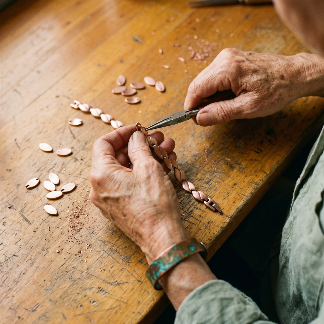 Handwerkerin fügt mit einer Zange die ovalen Kupferglieder zusammen, lose Glieder und Kupferspäne liegen auf der Werkbank verstreut. 3