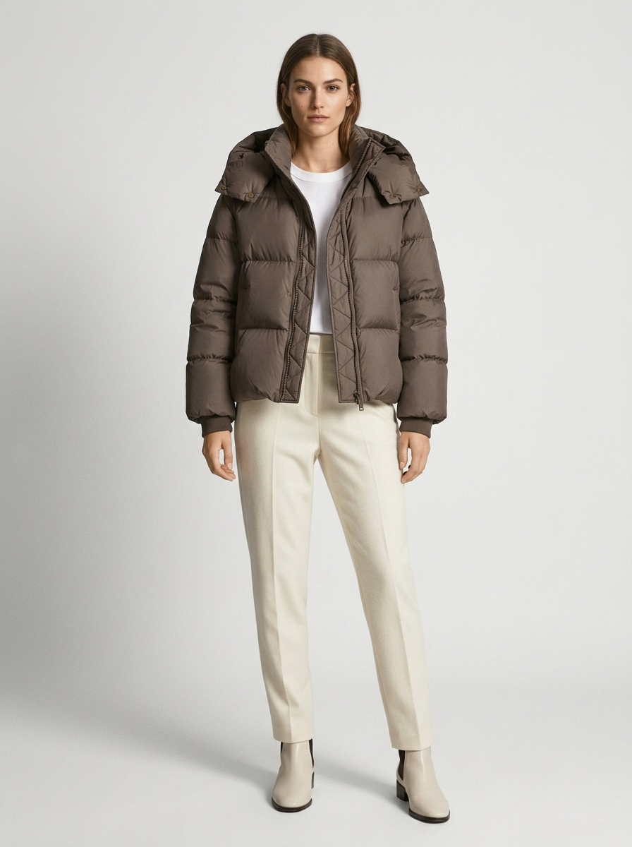Model trägt die braune Steppjacke offen über weißem Shirt, mit heller Hose und Stiefeletten 8