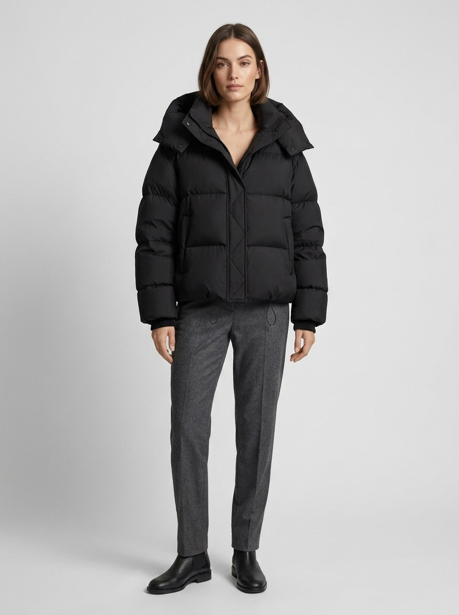 Model trägt die schwarze Steppjacke offen mit grauer Hose und schwarzen Stiefeletten, Ganzkörperansicht 4