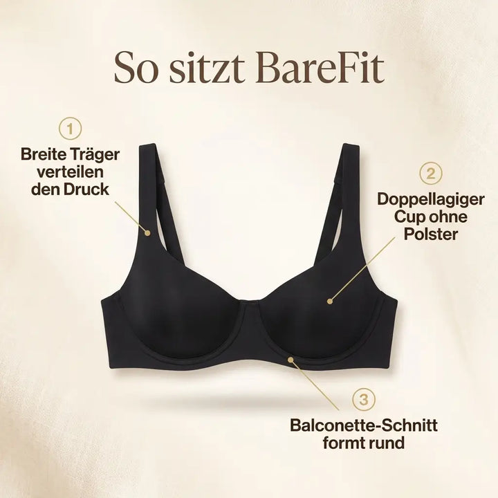 Schwarzer BH als Freisteller mit drei Beschriftungen zu breiten Trägern, doppellagigem Cup ohne Polster und Balconette-Schnitt. 7