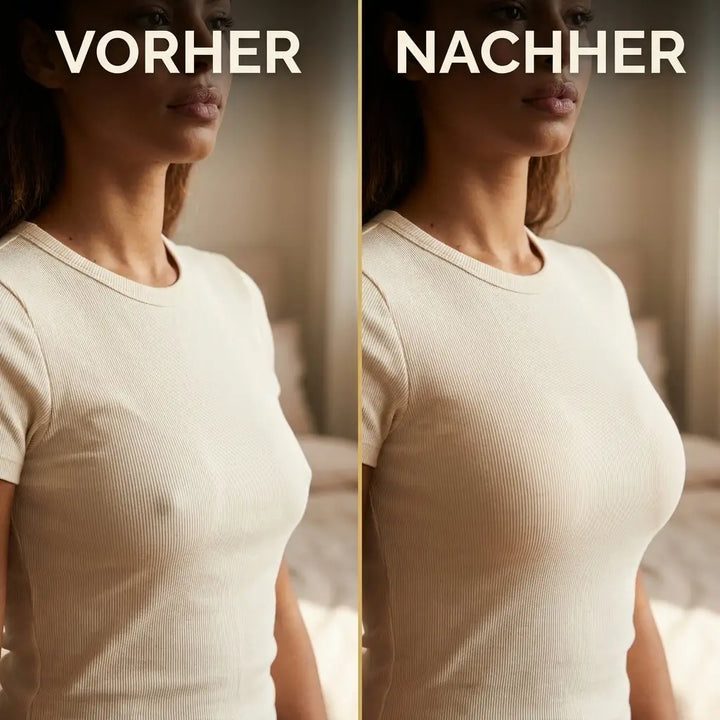 Vorher-nachher-Vergleich: Frau im cremefarbenen Rippshirt, rechts mit runderer, angehobener Büstenform als links. 3