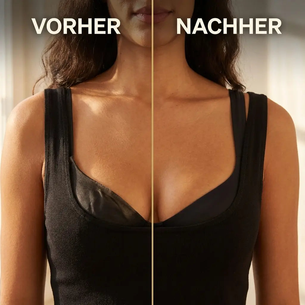 Vorher-nachher-Vergleich im schwarzen Top: links verrutschter Büstenansatz, rechts sitzt der schwarze BH darunter glatt und rund. 6