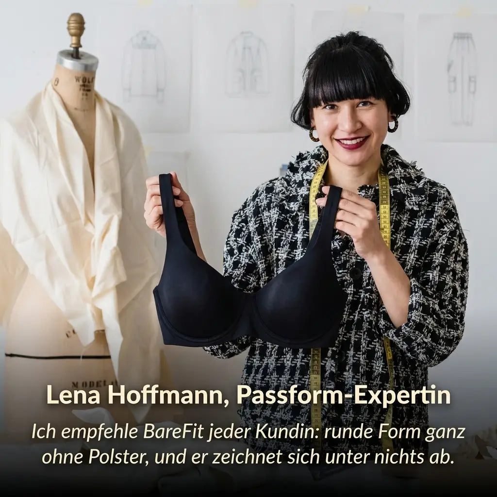 Lächelnde Schneiderin mit Maßband hält einen schwarzen Balconette-BH vor sich, im Hintergrund eine Schneiderpuppe und Modeskizzen. 5