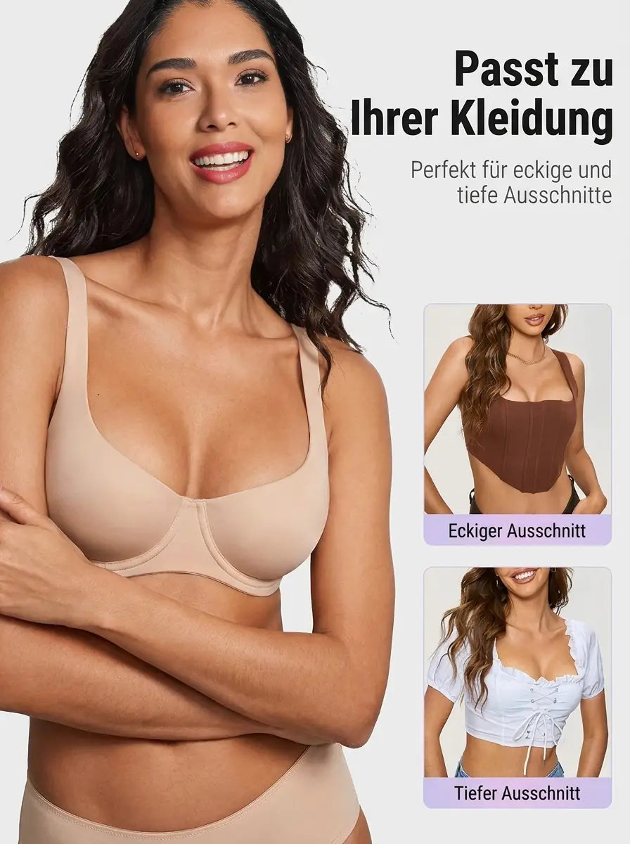 Lächelnde Frau im hautfarbenen BH, daneben zwei Outfits mit eckigem und tiefem Ausschnitt, zu denen der BH passt. 10