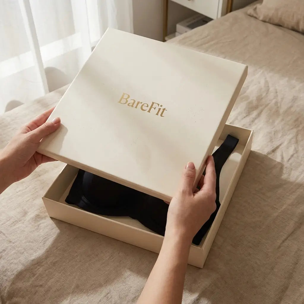Hände öffnen eine cremefarbene Geschenkbox, in der ein schwarzer BH liegt, auf einem Bett mit Leinenbettwäsche. 14