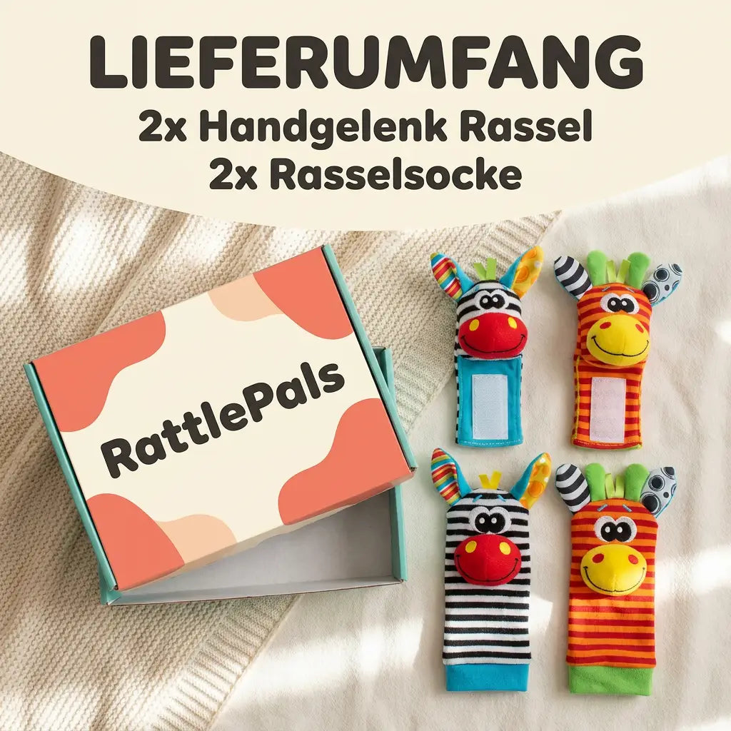 Geöffneter Karton neben zwei Handgelenkrasseln und zwei Rasselsocken mit Zebra- und Giraffengesicht, die den Lieferumfang zeigen. 6