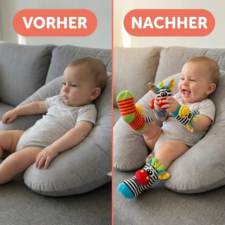 Zweigeteiltes Bild: links ein gelangweiltes Baby auf dem Sofa, rechts ein lachendes Baby, das die Rasseln an Händen und Füßen trägt. 4