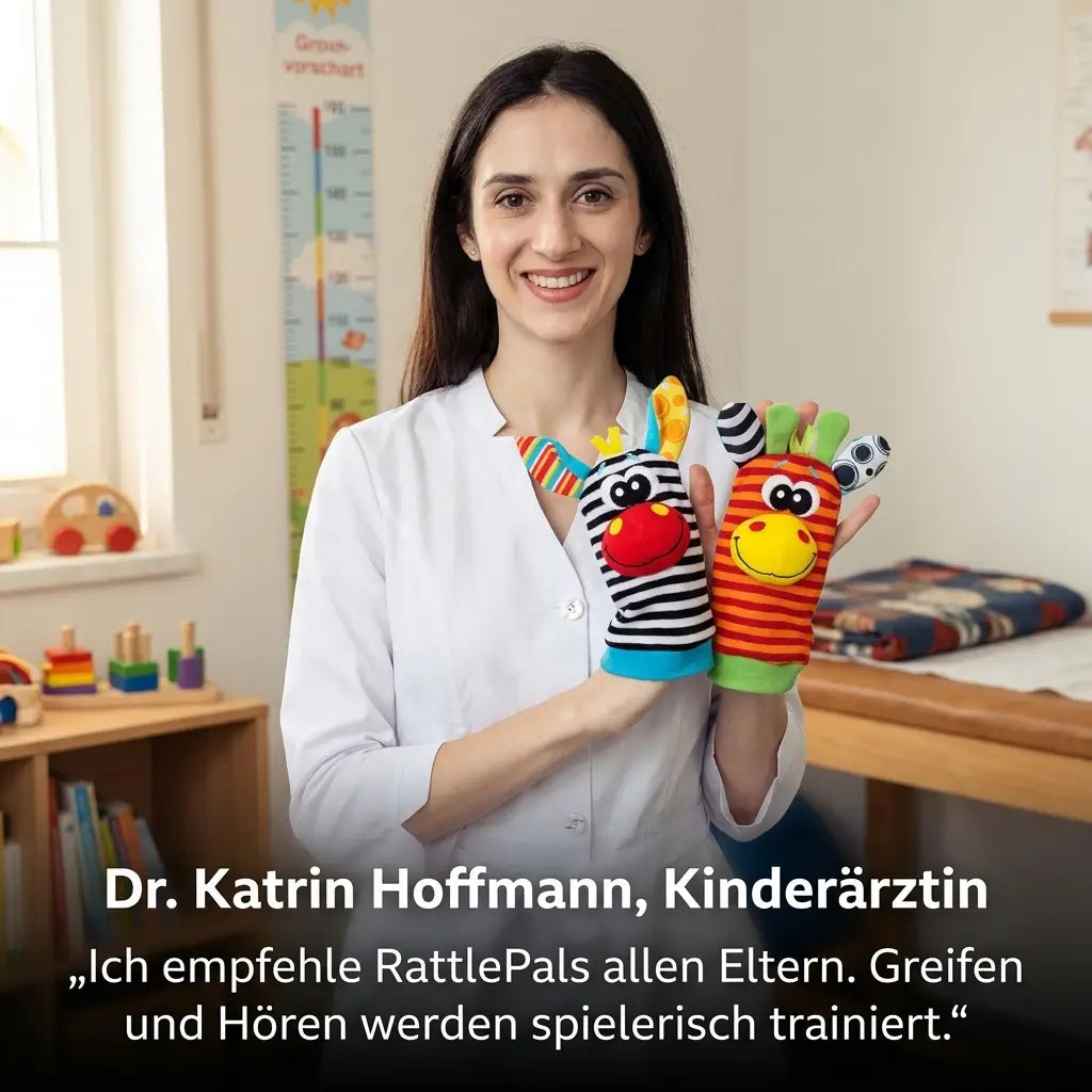 Lächelnde Frau im weißen Kittel hält zwei Rasselsocken mit Zebra- und Giraffengesicht in den Händen, im Hintergrund Spielzeug. 2