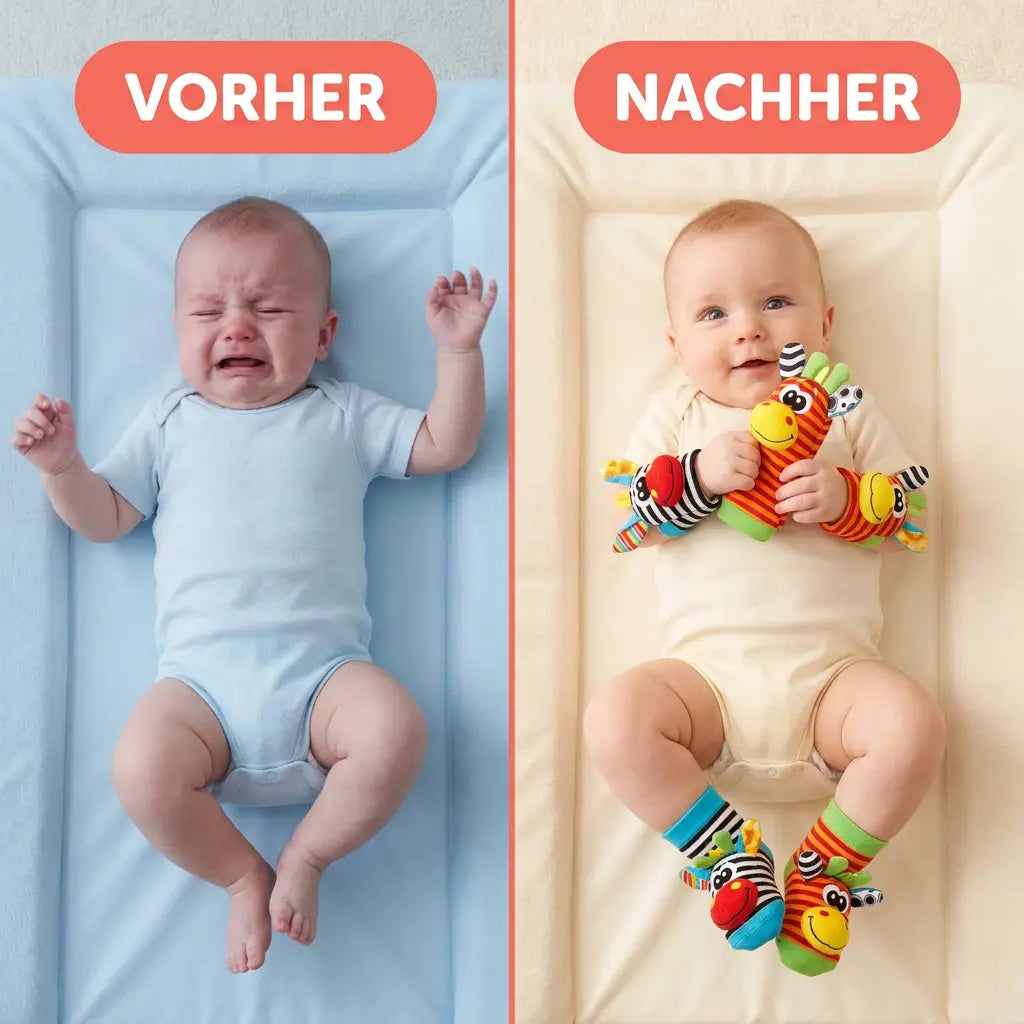 Zweigeteiltes Bild: links ein weinendes Baby ohne Spielzeug, rechts ein zufriedenes Baby mit Handgelenkrasseln und Rasselsocken. 3