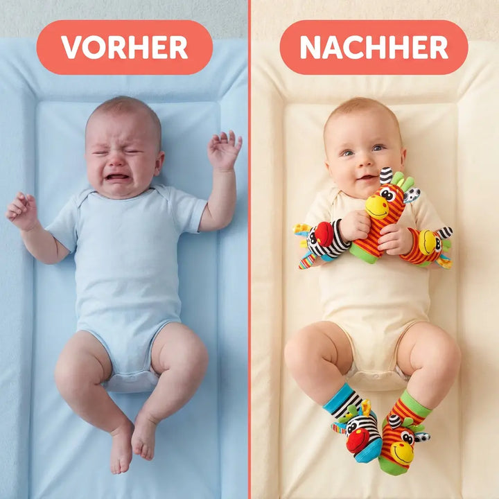Zweigeteiltes Bild: links ein weinendes Baby ohne Spielzeug, rechts ein zufriedenes Baby mit Handgelenkrasseln und Rasselsocken. 3