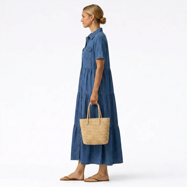 Denim Print Midi Dress - Relaxed Button-Front Style 8