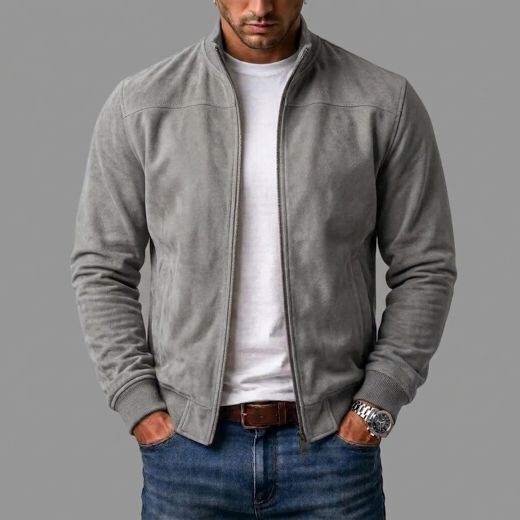 Graue Jacke aus Wildlederimitat mit Reißverschluss und Rippbündchen, offen über weißem T-Shirt getragen, Frontansicht am Model. 7