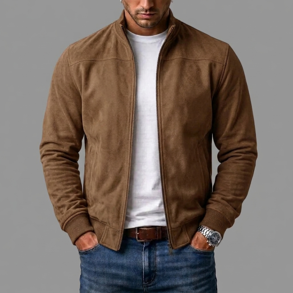 Braune Jacke aus Wildlederimitat mit Stehkragen, offen über weißem T-Shirt getragen, Hände in den Jeanstaschen, Frontansicht am Model. 5