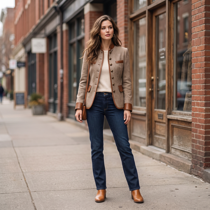 Frau in der Jacke mit cremefarbenem Shirt, dunkler Jeans, braunen Stiefeletten und Umhängetasche vor einer Backsteinfassade. 6