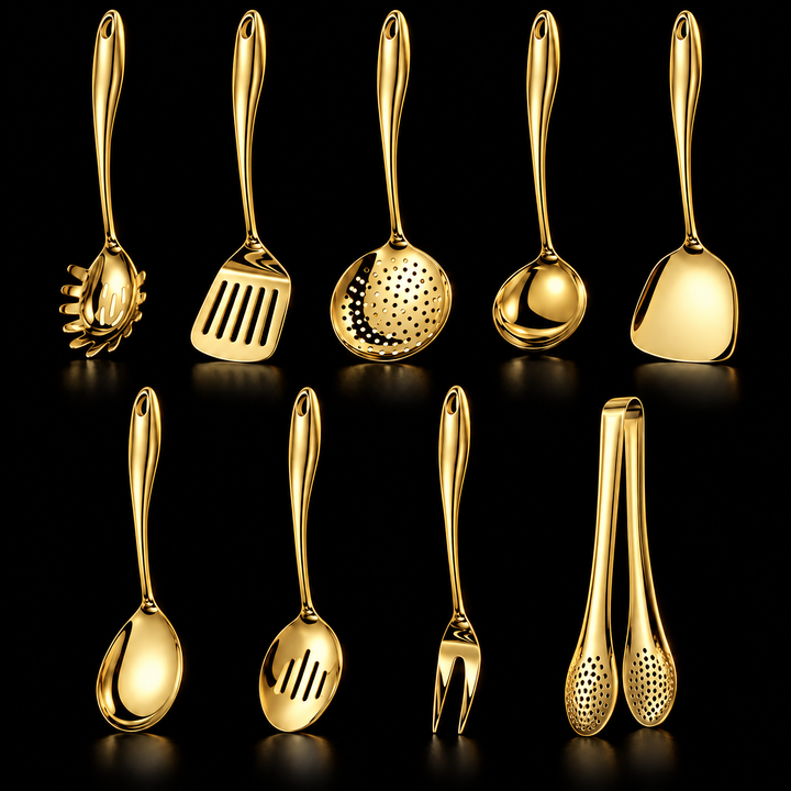 Neunteiliges Set in goldfarbener Ausführung in zwei Reihen, darunter Schaumlöffel, Wok-Schaufel, Gabel und Zange, vor schwarzem Hintergrund. 17