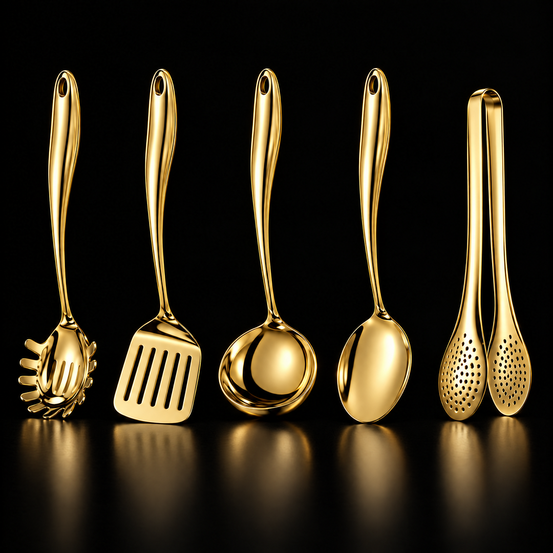Fünfteiliges Set in goldfarbener Ausführung mit Spaghettilöffel, Wender, Kelle, Löffel und Zange vor schwarzem Hintergrund. 16