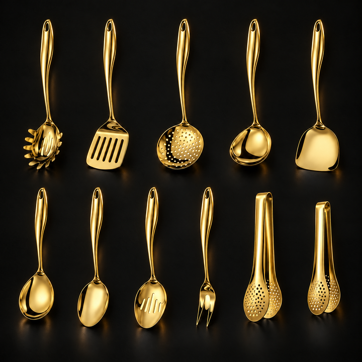 Elfteiliges Set in goldfarbener Ausführung mit Gabel und zwei Zangen, alle Utensilien in zwei Reihen vor dunklem Hintergrund. 18