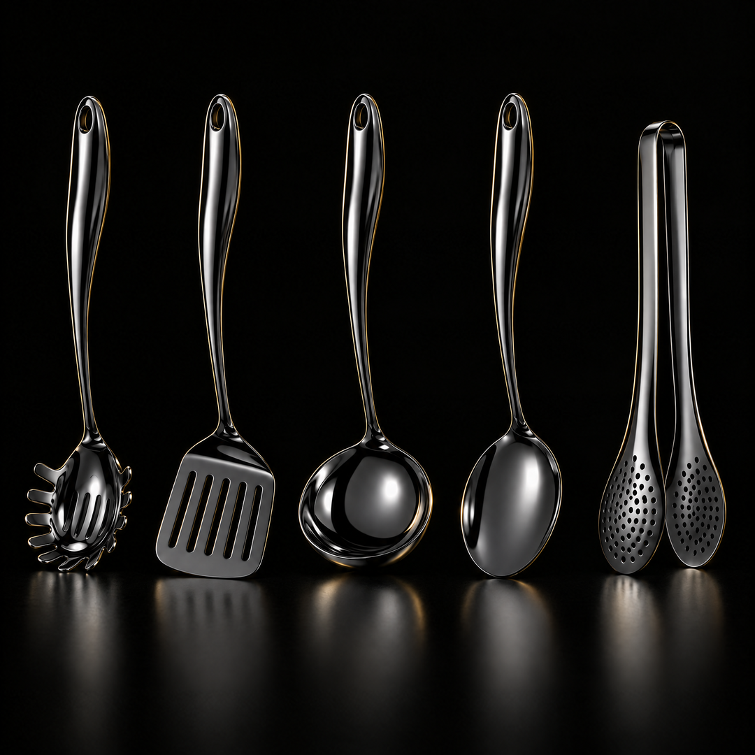 Fünfteiliges Set in schwarzer, glänzender Ausführung mit Spaghettilöffel, Wender, Kelle, Löffel und Zange vor schwarzem Hintergrund. 20