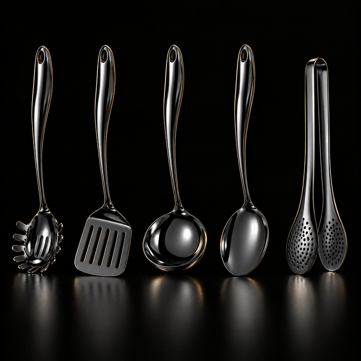 Fünfteiliges Set in schwarzer, glänzender Ausführung mit Spaghettilöffel, Wender, Kelle, Löffel und Zange vor schwarzem Hintergrund. 20