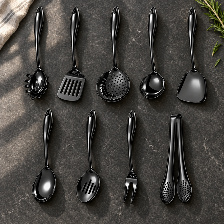 Neunteiliges schwarzes Set in zwei Reihen auf dunkler Steinfläche, mit Schaumkelle, Wender, Gabel und Zange, daneben Rosmarin und Tuch. 29