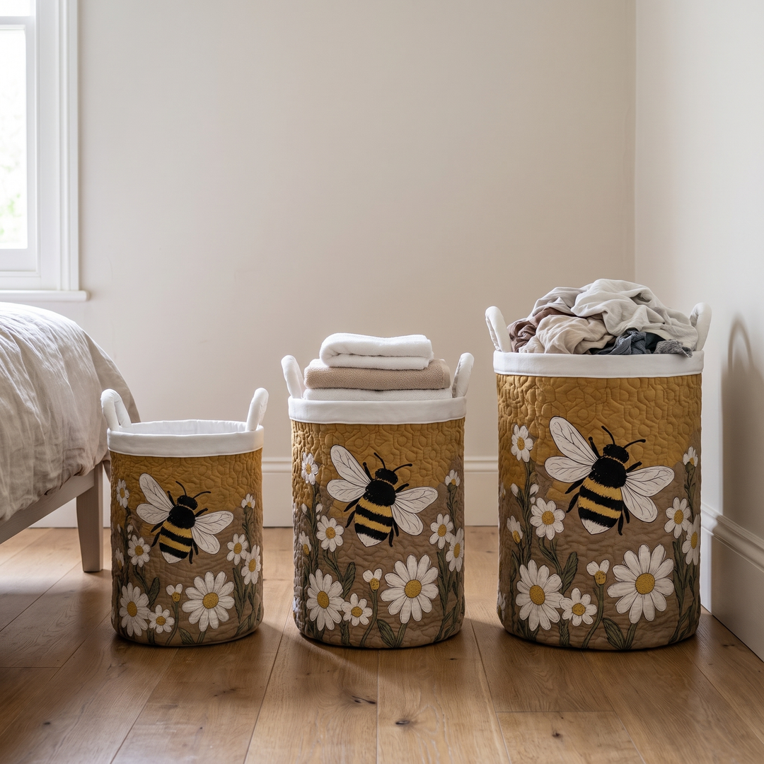 Drei Körbe in unterschiedlichen Größen mit Bienenmotiv und weißem Rand stehen nebeneinander im Schlafzimmer, gefüllt mit Handtüchern und Wäsche. 4