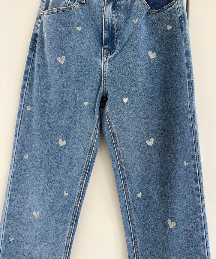 Dame stretchjeans med vide ben og hjerteprint - Amelie