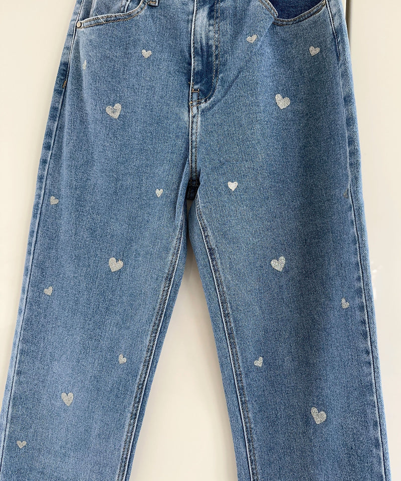 Dame stretchjeans med vide ben og hjerteprint - Amelie